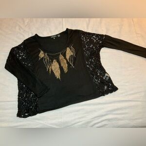 Miss Me Black Top with Gold Leaf Accents